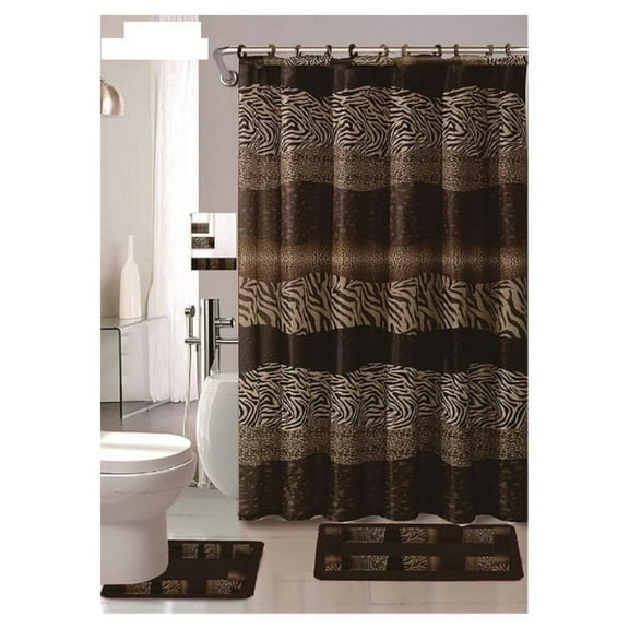 18 Piece Bath Rug Set Leopard Brown Bathroom Rugs Zebra Shower Curtain Mat/Rings Towel Set- Animal Coffee