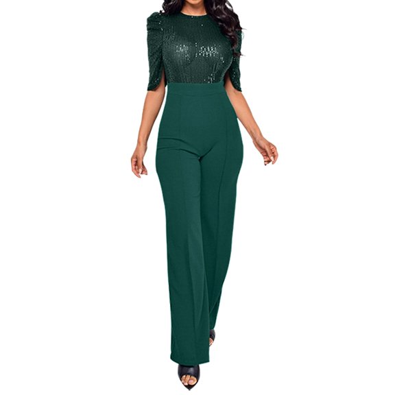 ZAZYULZ Women's Round Neck Medium Sleeved Waistband Loose Fitting Wide Leg Sequin Jumpsuit(Green,L)