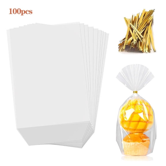 HOMEIORA Flat Bottom Cellophane Bags,100 Pieces 4 x 9 Inches Clear Cello Treat Bags With 100Pcs Gold Twist Ties