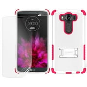 BEYOND CELL WHITE/PINK TRI-SHIELD RUGGED SOFT SKIN HARD CASE COVER WITH KICKSTAND + SCREEN PROTECTOR FOR LG V10 PHONE (H961N, H900, H901, VS990, F600)