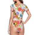 thumbnail image 4 of Gaeub Flowers And Birds Watercolor Women'S Short Sleeve One Piece Swimsuit Sexy High-Waisted Bodysuit For Swimming, Beach, Sports - Medium, 4 of 9