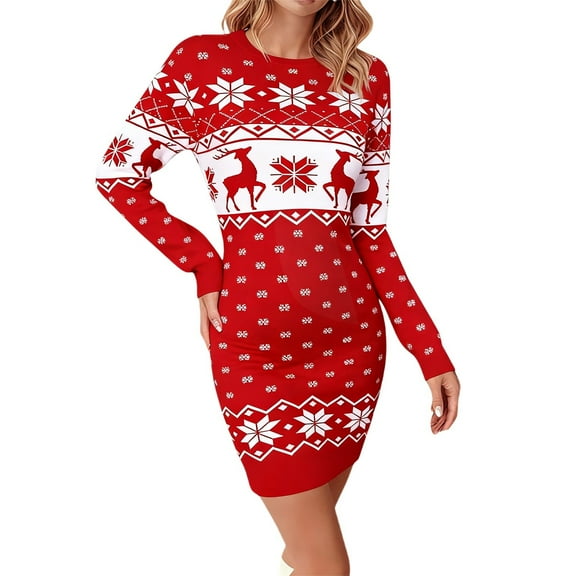 Fiaer Women's Christmas Sweater Dress Oversized Crew Neck Funny Reindeer Floral Printed Plus Size Long Sleeve Long Pullover Slim Fit Tops Red XL
