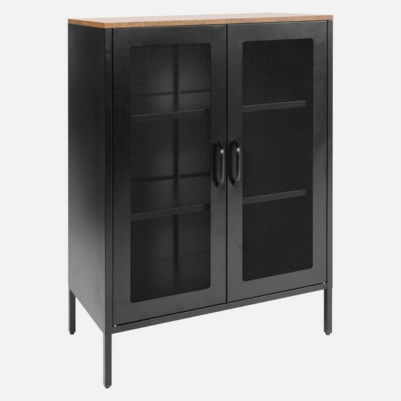 PINDEE Metal Storage Cabinet with Mesh Doors and Adjustable Shelves, Free Standing Sideboard Buffet Cabinet for Kitchen, Living Room, Dining Room, Home Office,Black