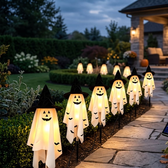 6 Pack Solar Ghost Stake Lights, Smiling Ghost with Witch Hat, Waterproof Halloween Yard Decor for Outdoor Garden Paths
