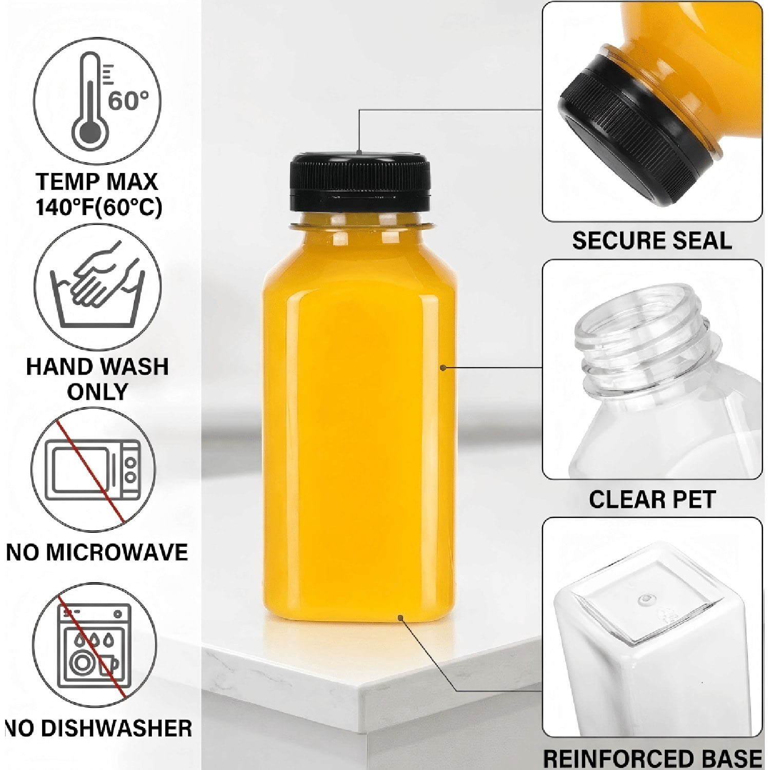 8 oz Square Plastic Juice Bottles with Lids, 150 Pcs Clear PET Beverage Containers with Funnel, Cleaning Brush and DIY Labels for Smoothies and Drinks