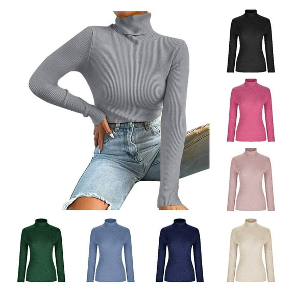 HTNBO Women's Fall Long Sleeve Turtleneck T Shirt Ribbed Knit Sweater Slim Fit Basic Casual Tee Tops