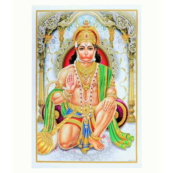 Bm Traders Hanumanji Giving Ashirwad Golden Zari Art Work Poster Without Frame (24 X 36 Inches)