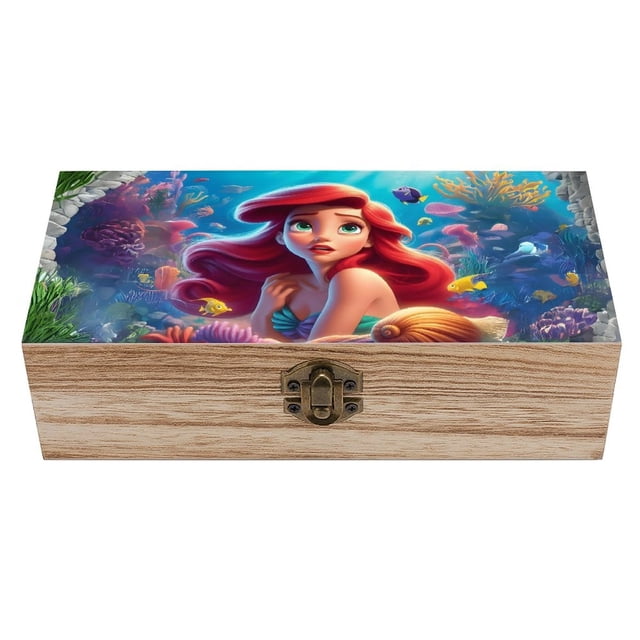 La Sirenita, Princesa Ariel Caja Organizadora de Madera Rústica - Caja Decorativa Multifuncional para Escritorio, Hogar, Oficina, Joyas y Manualidades