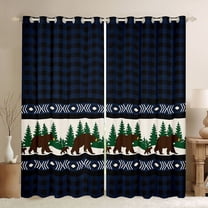 Manfei Jungle Wildlife Bear Black Out Curtains,Rustic Farmhouse Cabin Curtains Pack of 2 (42x63 Each),Blue Black Checkered Bedroom Curtains For Men Women,Breathable Home Decor