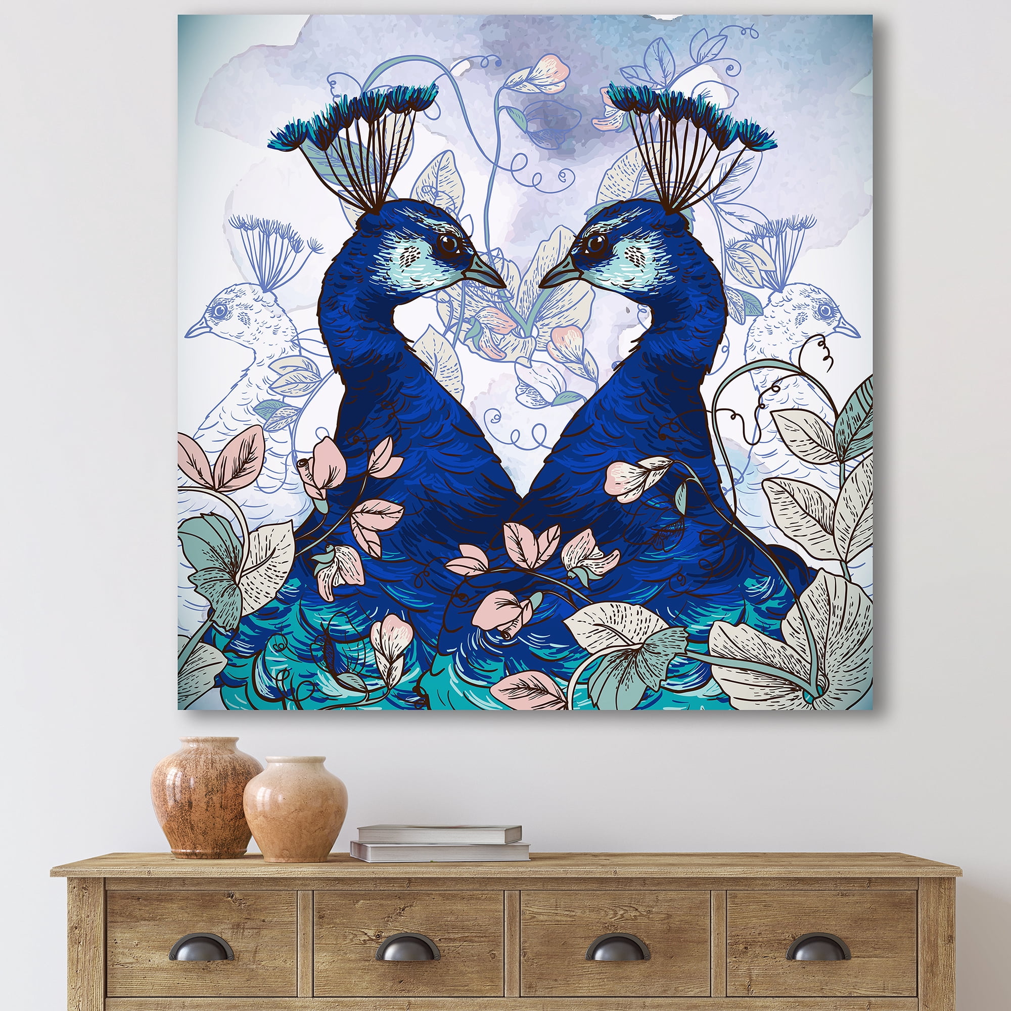 Designart ' Wildflowers With Two Blue Peacocks ' Traditional Canvas Wall Art Print