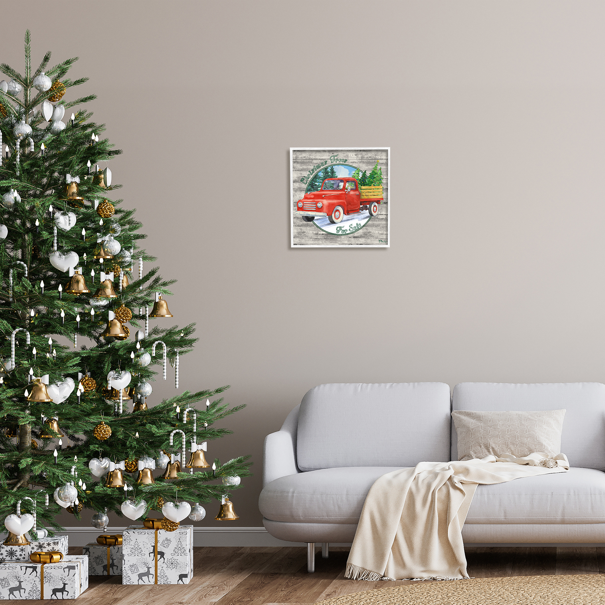 Stupell Industries Christmas Tree Truck Holiday Painting White Framed Art Print Wall Art, 17 x 17