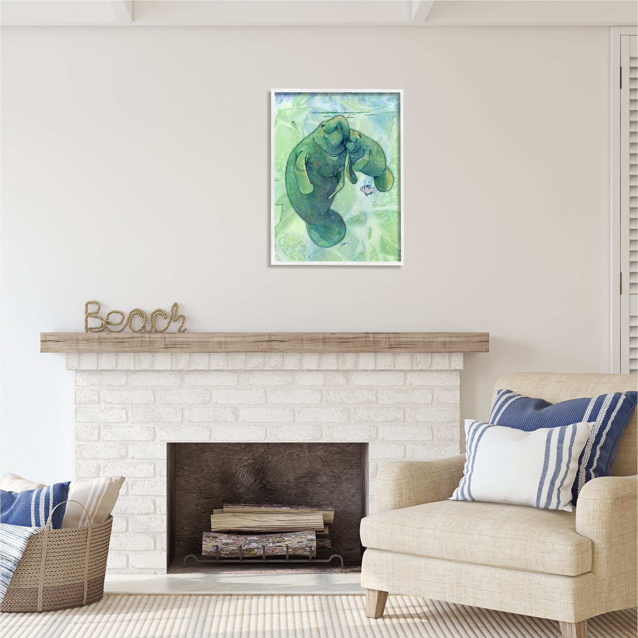 Stupell Industries Green Manatees & Fish Animals & Insects Painting White Framed Art Print Wall Art, 24 x 30