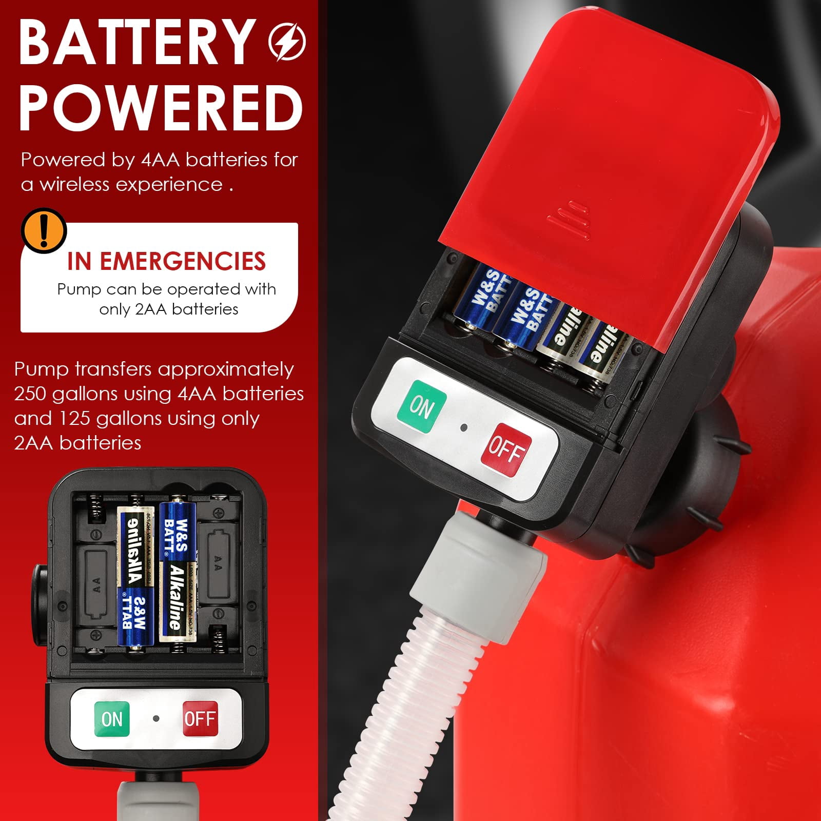 Beiled Automatic Fuel Transfer Pump - AA Battery Powered, Gas Pump with Quick Flow Control & Stop, Extra Long Hose, Portable for Oil, Diesel, Gasoline