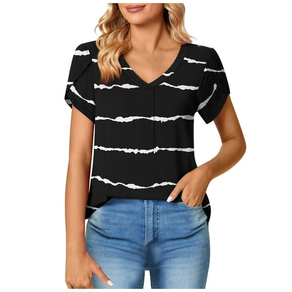 Patlollav Womens Petal Sleeve Tops V-Neck Short Sleeve T-Shirts Cute Print Summer Blouses