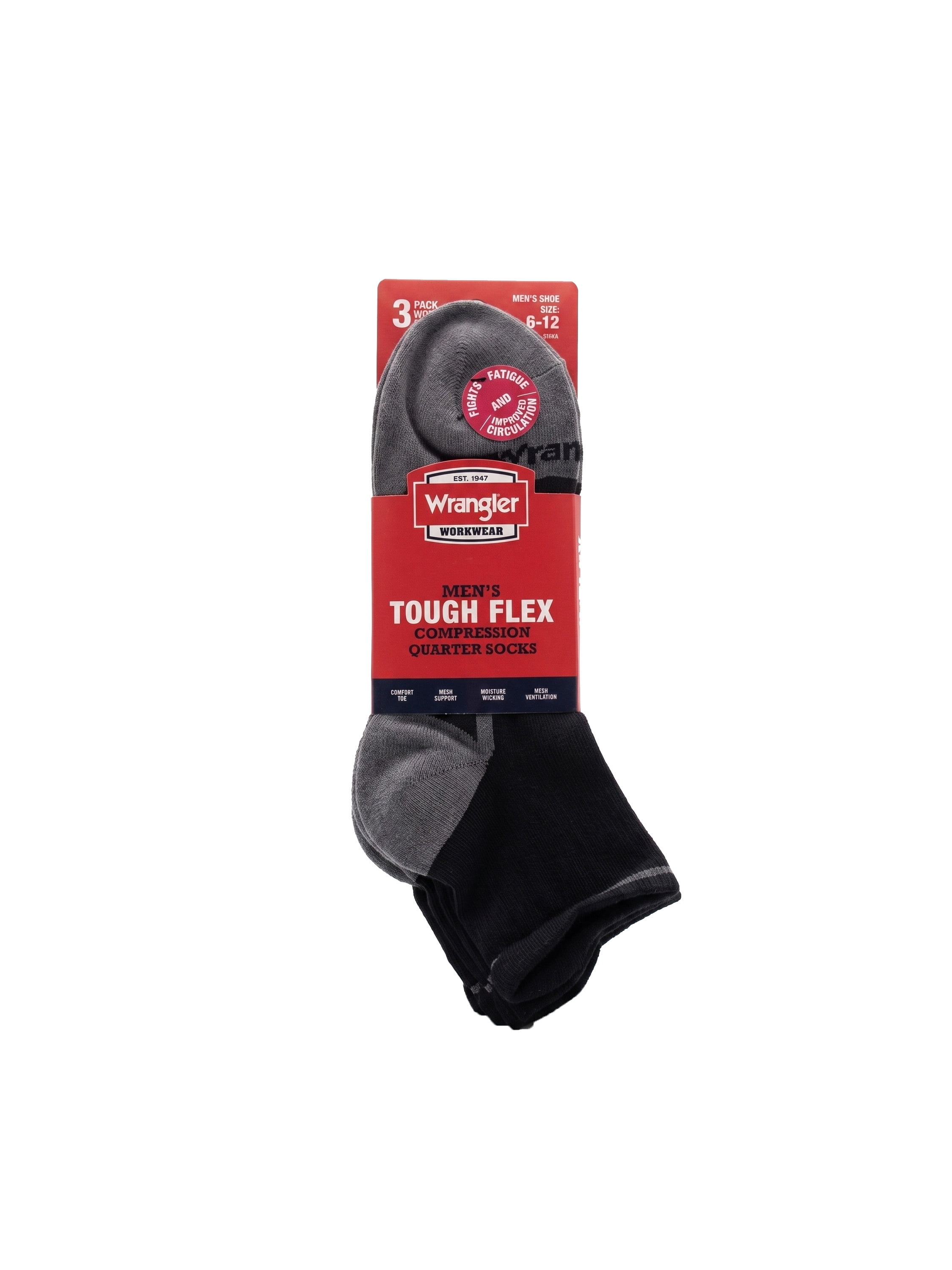 Wrangler Comfort Compression Quarter Socks for Men, Size 6-12, Black, 3 Pairs