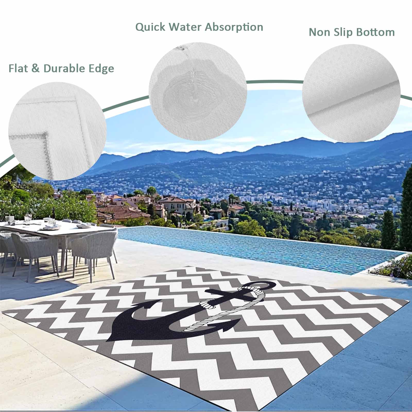 Fsddascl Grey Zigzag Outdoor Rug for Patio/Deck/Porch, Non-Slip Large Area Rug 4 x 6 Ft, Coastal Nautical Anchor Stripes Indoor Outdoor Rugs Washable Area Rugs, Reversible Camping Rug Carpet Runner