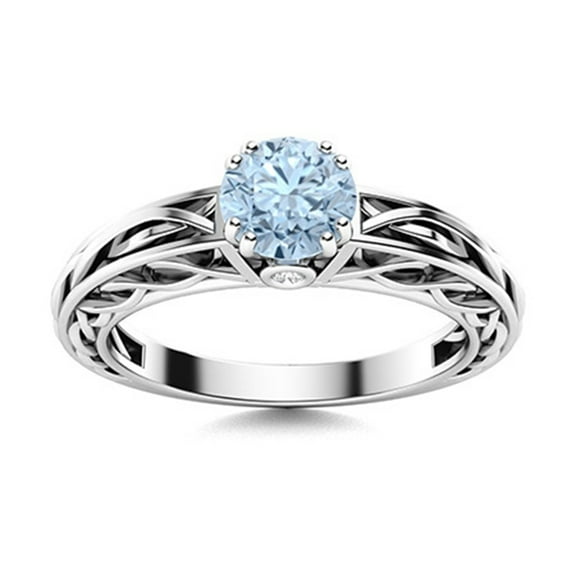 0.75 Ctw Round Aquamarine 925 Sterling Silver Celtic Design Solitaire Women Valentines Day Gift Ring