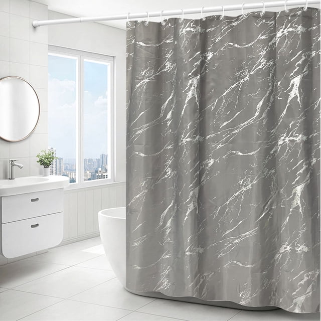 Cortina de ducha NQ simple con diseño de mármol plateado 180 x 180 cm poliéster lavable a máquina 12 ganchos