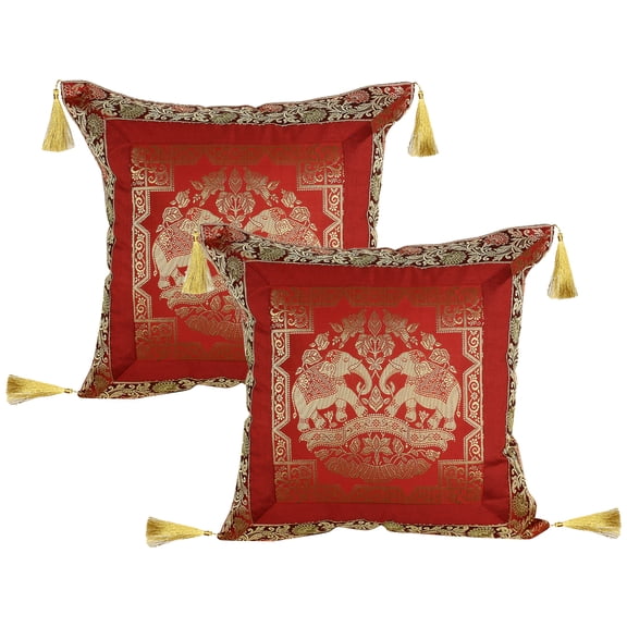 Stylo Culture Ethnic Brocade Home Decor Throw Pillow Covers Maroon Gold 18 x 18 Jacquard Weave Tassels Couch Cushion Covers 45x45 cm Polydupion Silk Zippered Elephant Square Pillowcases | Set Of 2