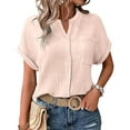 thumbnail image 6 of TODOZO Short Sleeve Cotton Collared V Neck Tops Shirts Button Down Shirts for Women Womens Blouses Casual Tops Batwing Sleeve Pocket Patched Shirt Casual Work T Shirts Double Layer Wrinkled Fabric, 6 of 6