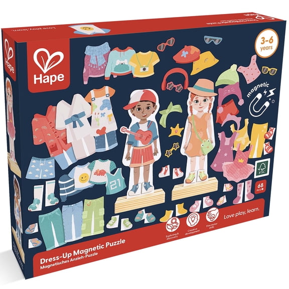 Hape: Dress-Up Magnetic Puzzle - 68pcs, 2 Wooden Standing Models To Dress With Magnetic Clothing Pieces, Mix & Match Designs, Fashion Toy, Kids Age 3 