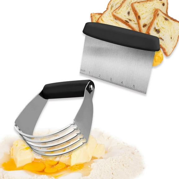Professional Pastry Cutter Pastry Set, Stainless Steel Pastry Cutter Set with Blender and Dough Scraper Included, 2 Pack Multifunctional Dough Blender Kitchen Baking Tools, Black