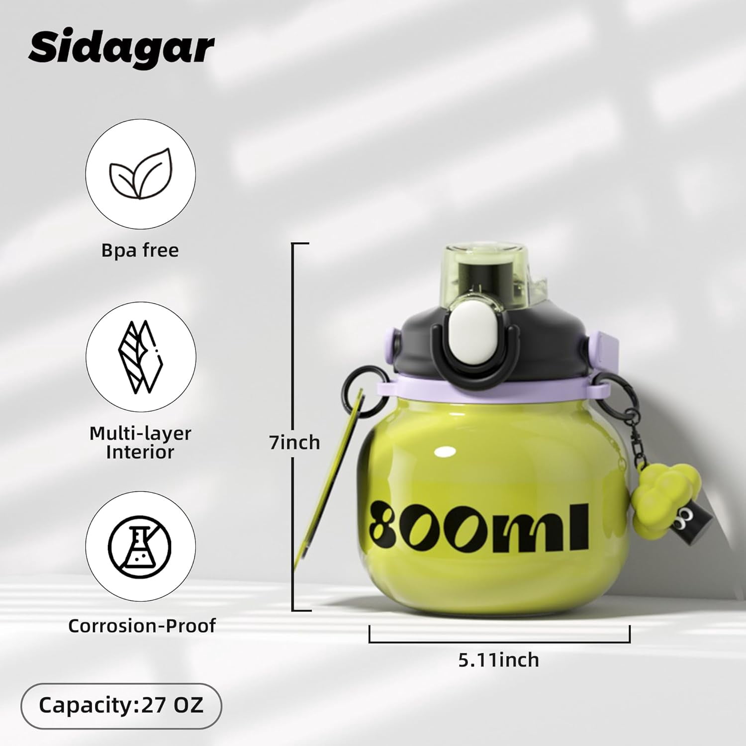 Sidagar 27 oz Stainless Steel Vacuum Insulated Water Bottle with Straw and Carry Handle, Green