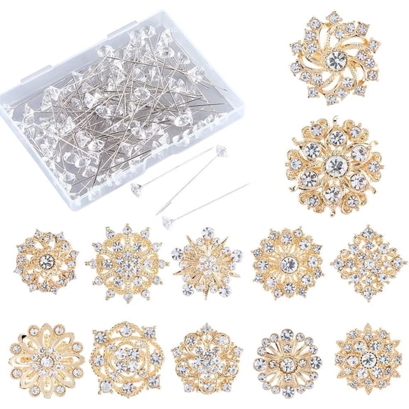 112Pcs Flower Brooch Bouquet Pins Wedding Bouquet Brooches Gold Corsages Bling Jewelry Floral Rhinestone Straight Head Pins Set Creative Craft