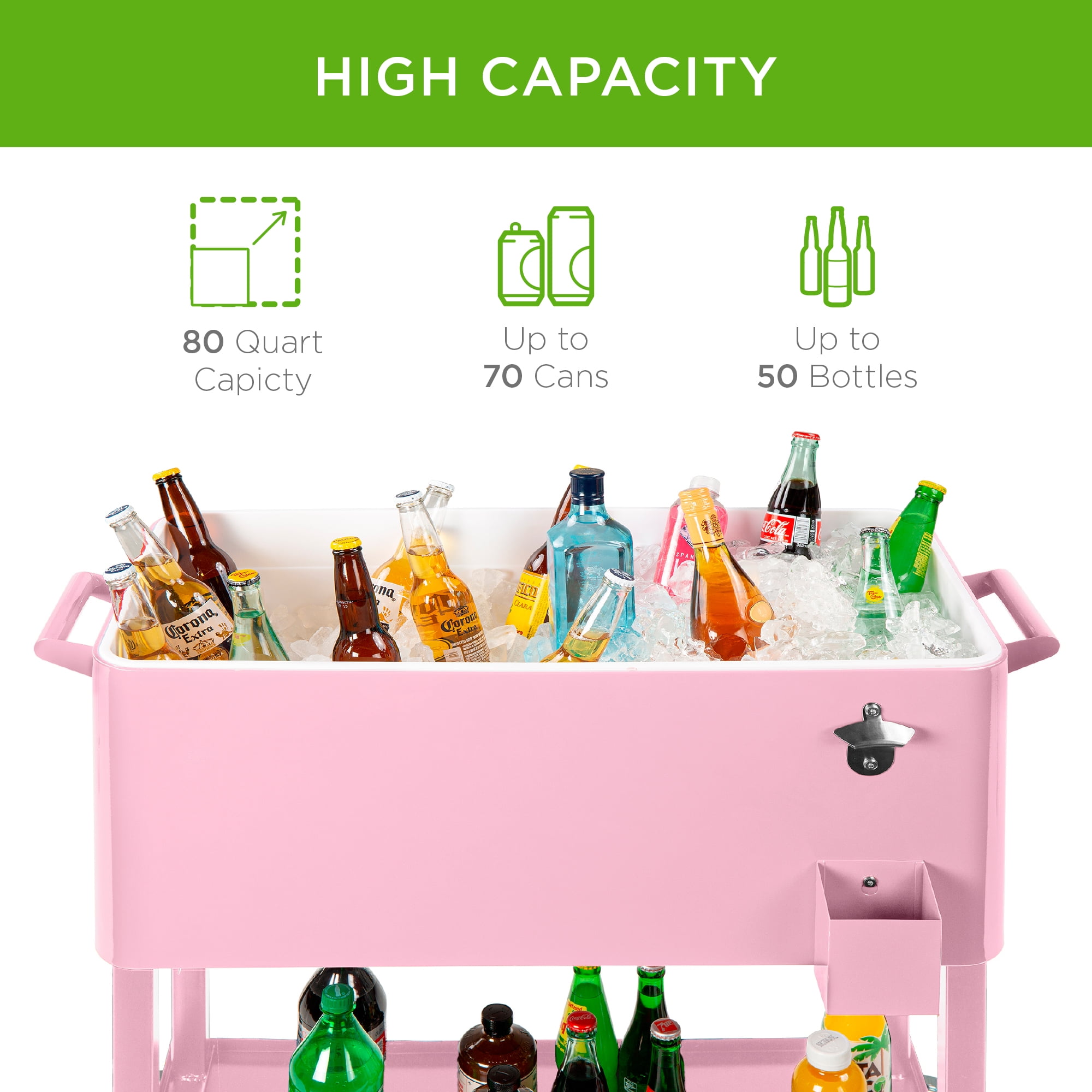 Best Choice Products 80qt Steel Rolling Cooler Cart w/ Bottle Opener, Catch Tray, Drain Plug, Locking Wheels - Pink
