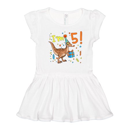 

Inktastic I m 5 Festive Birthday Dinosaur with Confetti and Present Gift Toddler Girl Dress