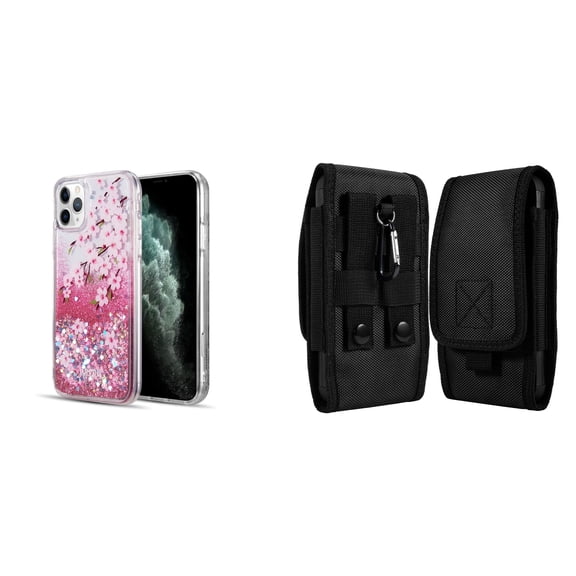 Liquid Glitter Case for iPhone 14 Pro and Belt Holster Pouch - Cherry Blossom