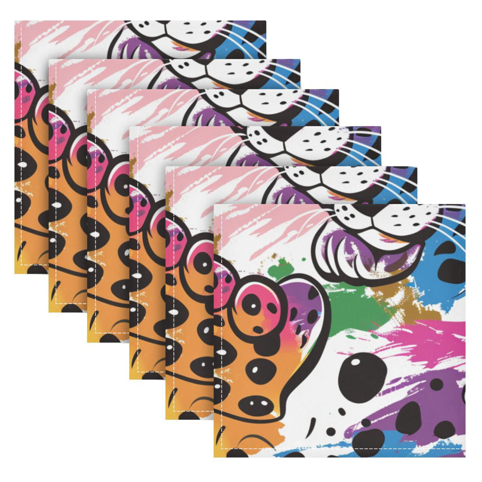 JSTEL Cute Leopard Cartoon Rainbow Cloth Napkins Set of 6, 20x20 Inch Washable and Reusable Napkin for Decoupage Dinner Party Everyday Use