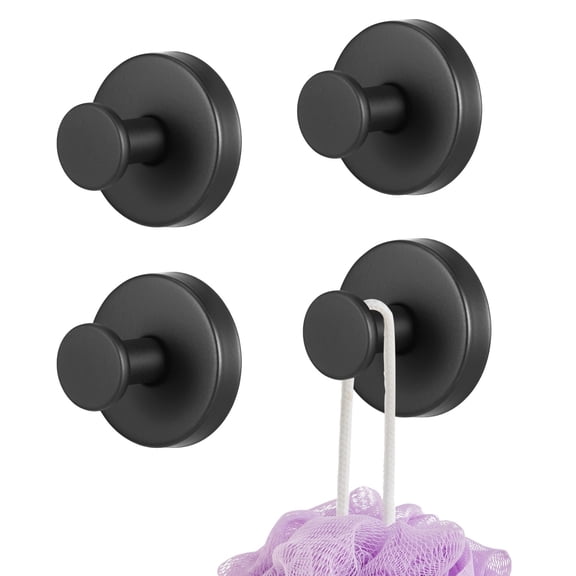 4 PCS Suction Cup Hooks, Matte Black Stainless Steel Towel Hooks with Strong Adsorptive Suction, Removable No Drill Wall Hooks for Bathroom Shower Glass Door Tile Metal Wall