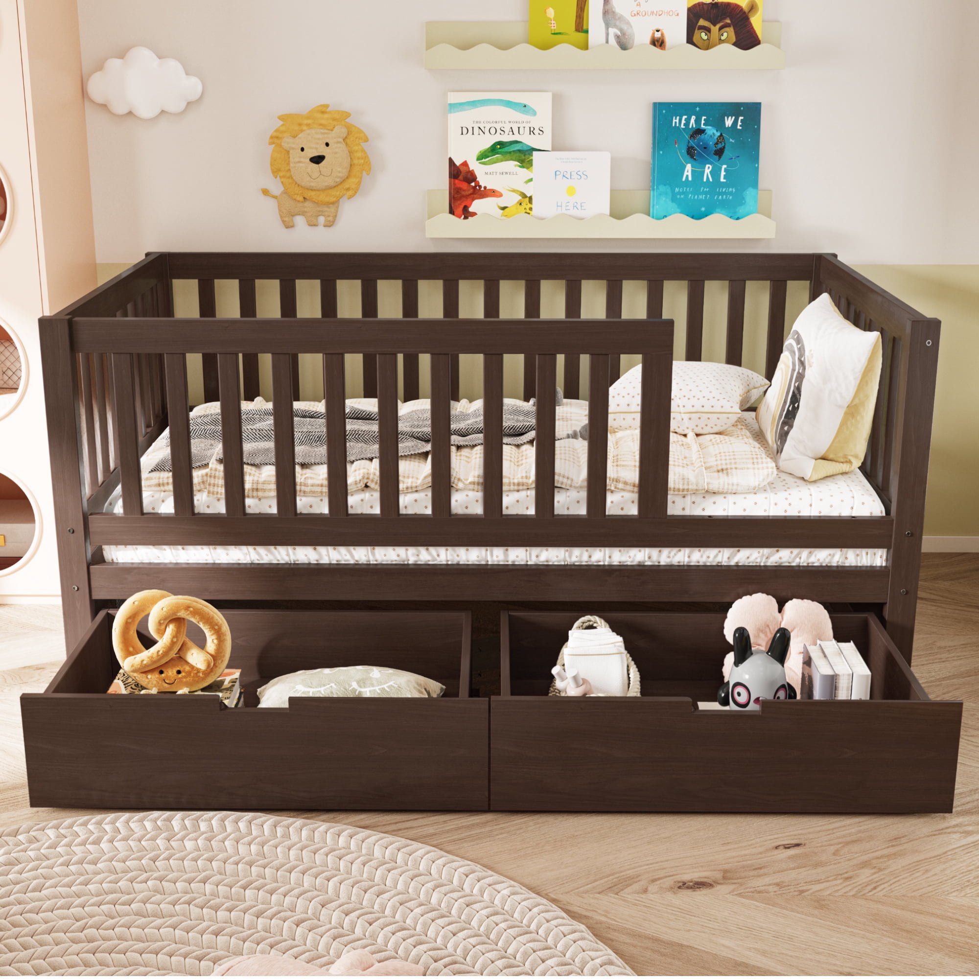 Euroco Wood 3-in-1 Toddler Daybed with Drawers, Crib Bed with Removable Guardrails, Espresso