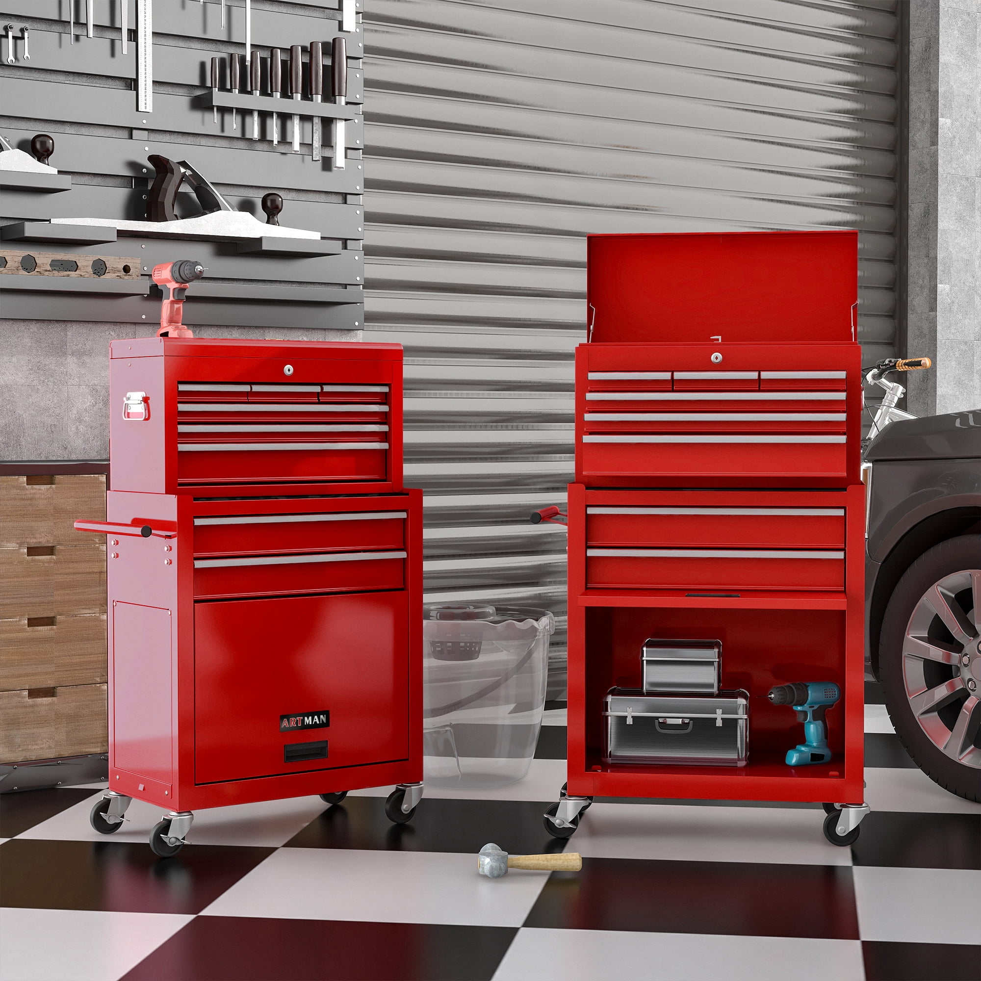 Aukfa Tool Box, 2 in 1 Steel Rolling Tool Chest & Cabinet on Wheels for Garage, 8-Drawers, Red