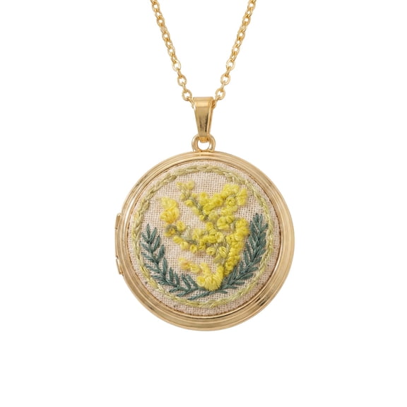 PAURO Handmade Floral Embroidered Locket Necklace for Women Gold Plated Stainless Steel Circle Open Photo Pendant Dainty Memory Adjustable Personalized Gift Jewelry Acacia