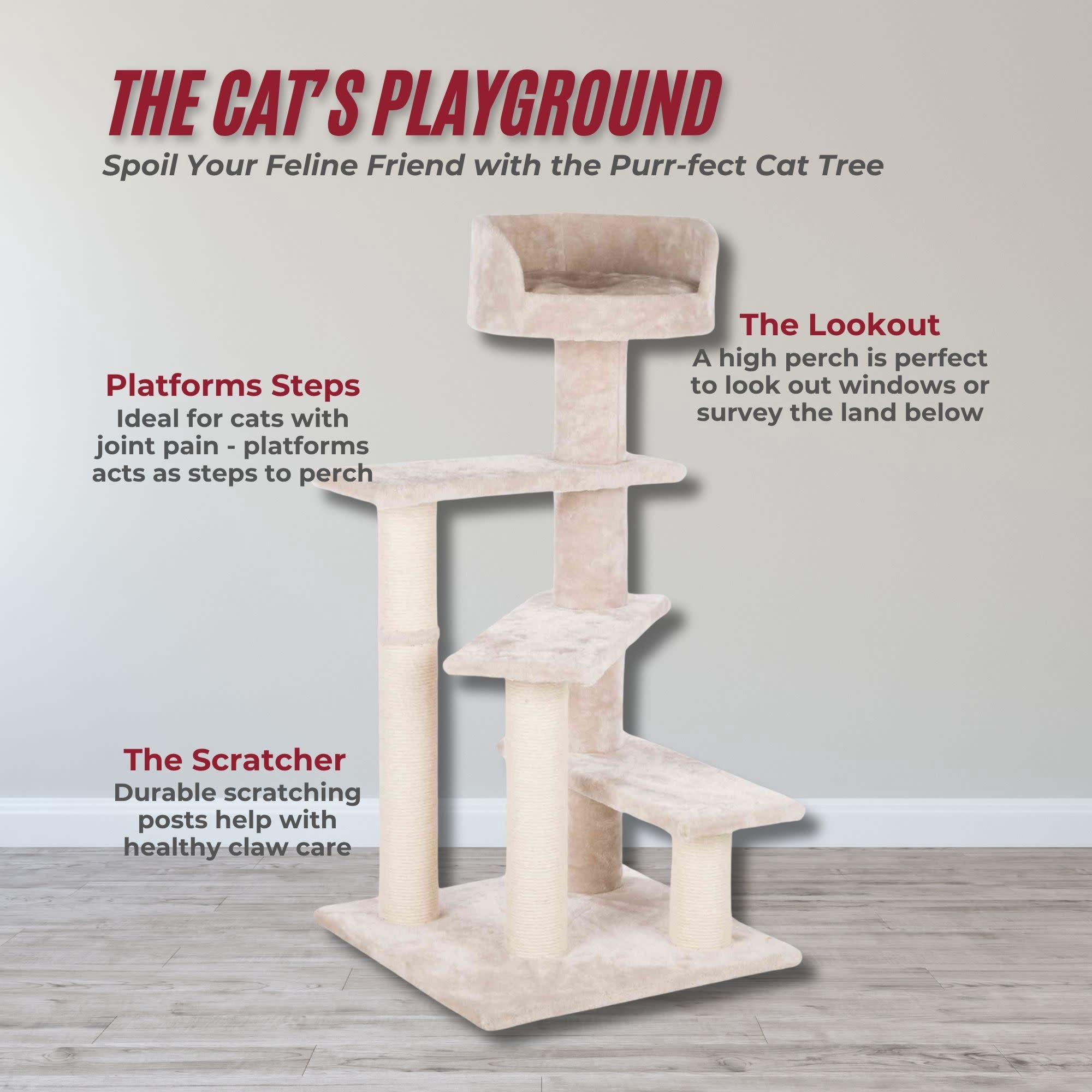 TRIXIE Tulia Senior Plush & Sisal 4-Level 40.2" Cat Tree, Scratching Posts & Bed, Greige