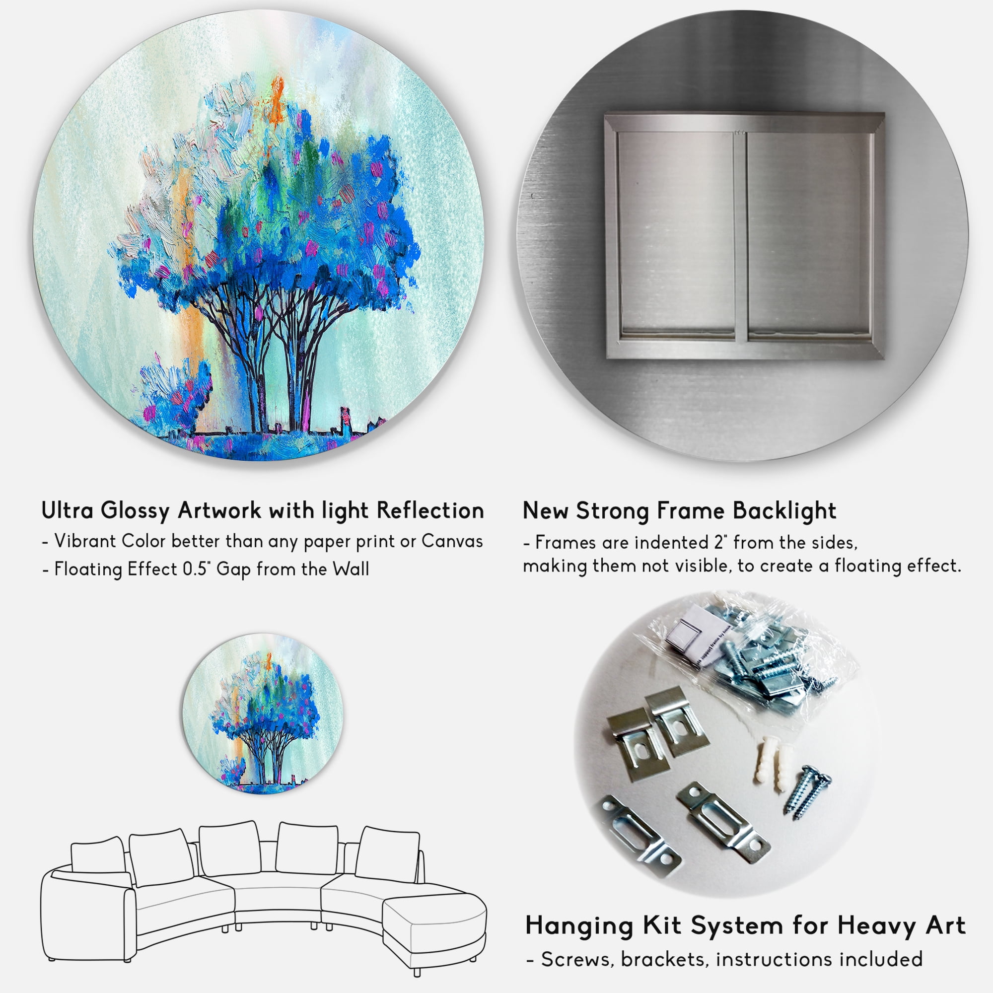Designart 'Blue Coloured Tree Abstract Impression I' Modern Circle Metal Wall Art 11x11 - Disc of 11