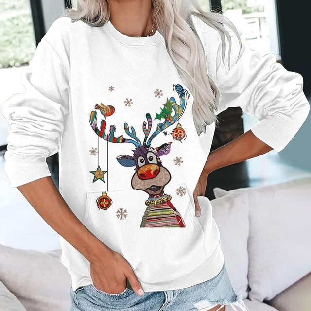 Chandails en Molleton de Noël pour Adolescentes Mode Féminine Imprimé de Noël Ample Col Rond Manches Longues Blouse avec Poche Hauts Chandail en Molleton Col Rond Femmes en Solde
