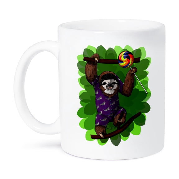 3dRose, Lolly Sloth. Happy sloth in pajamas with a sweet treat, 11oz Mug