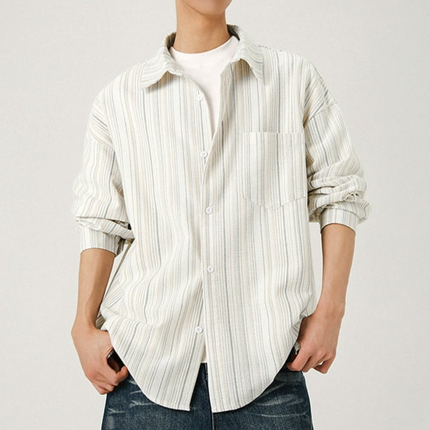 pstuiky Camisas casuales de manga larga para hombre, Camisa informal de manga larga con solapa y botones a rayas para hombre. camisetas de hombre xxxxxl