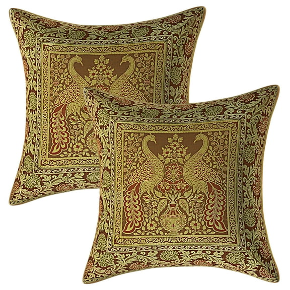 Stylo Culture Ethnic Bohemian Brocade Coffee Brown And Gold Throw Pillow Covers 16x16 Jacquard Weave Banarsi Bohemian Pillow Covers Peacock Floral 40x40 cm Decorative Cushion Covers (Set Of 2)