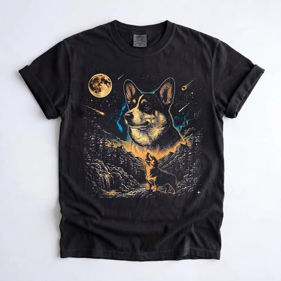 Corgi Howling at the Full Moon Graphic T-Shirt, Vintage 90s Retro Dog Lover Tee, Funny Corgi Mom Gift