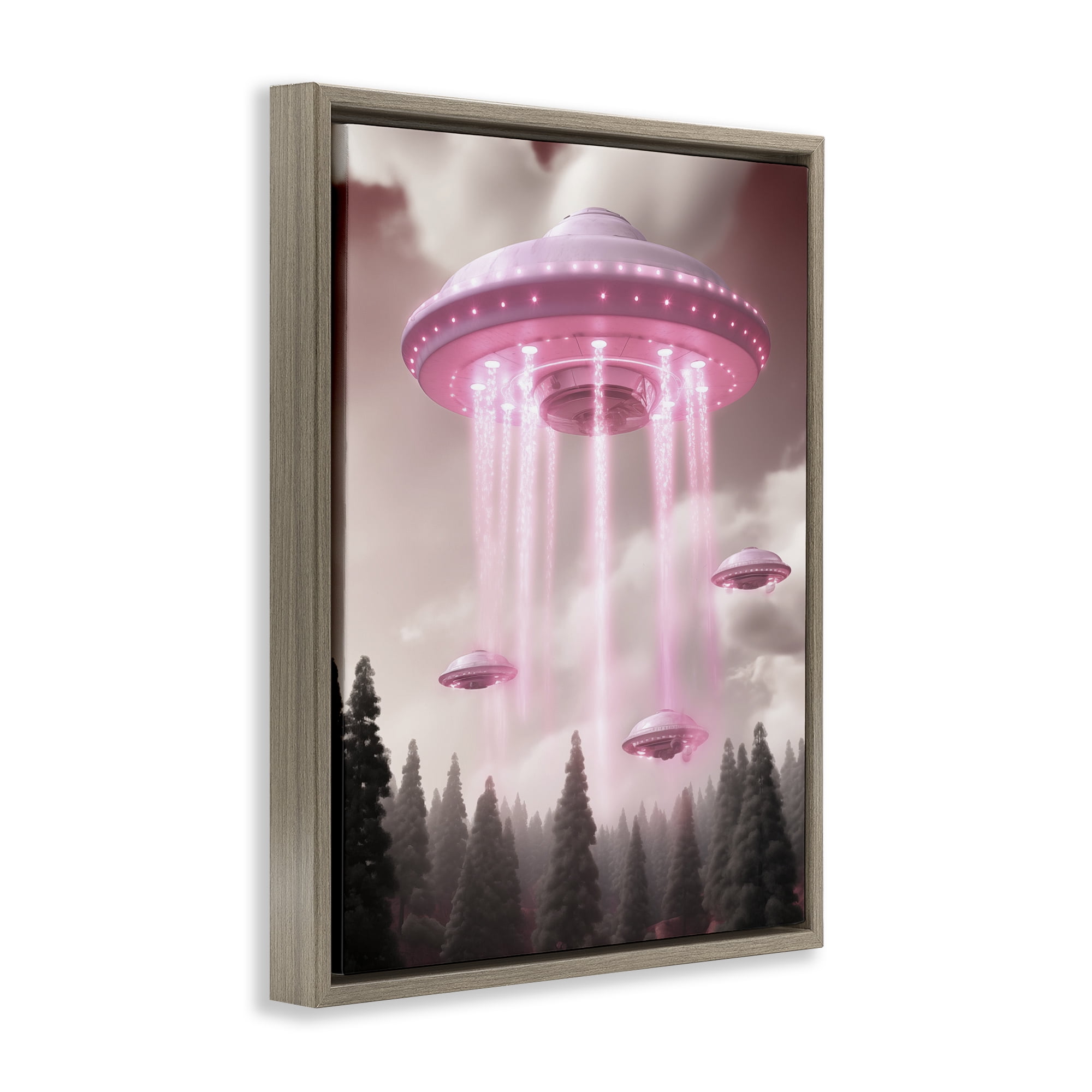 Glam UFO with Pink Beams Brown Framed Floater Canvas Wall Art, design by Sasha