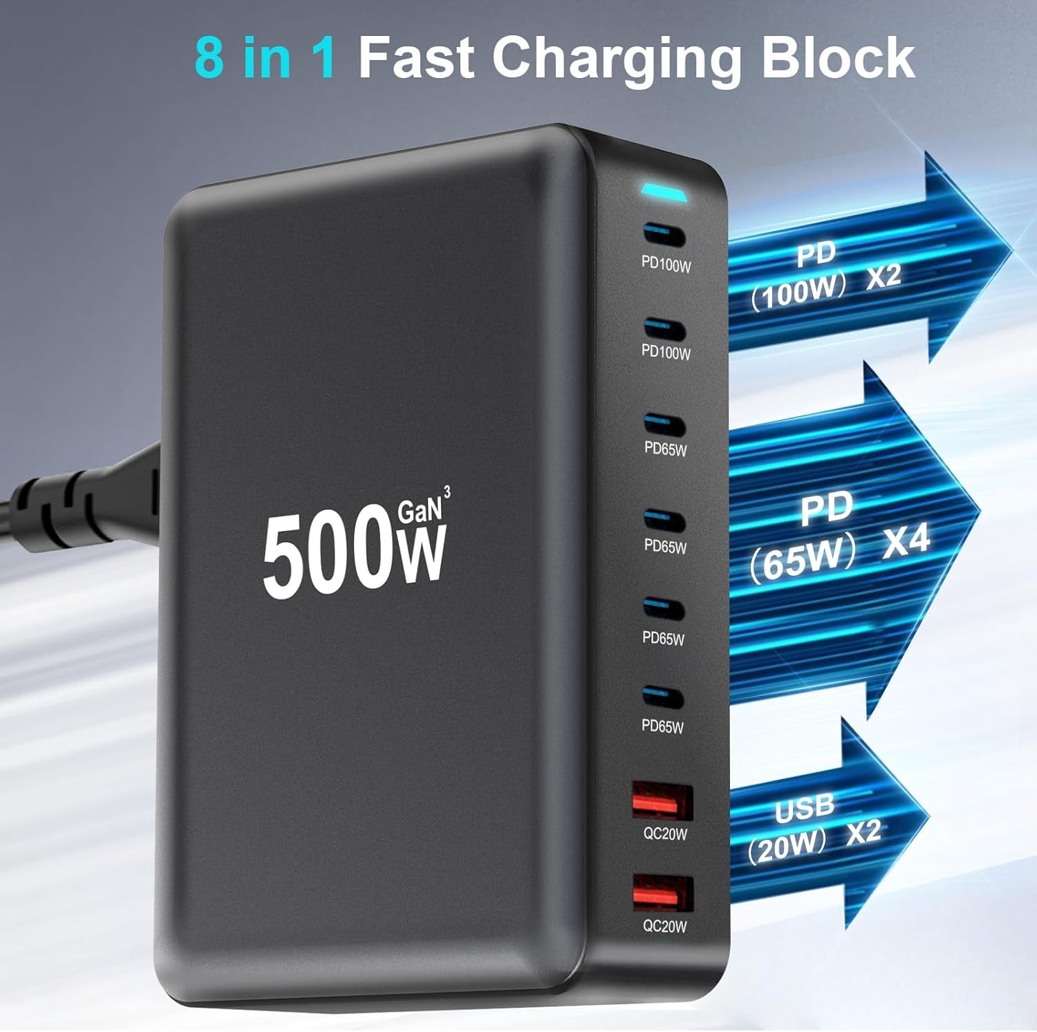 USB C Fast Charger Block,500W GaN III 8-Port Fast Charging Station Hub,Double 100W PD PPS Port Fast Charging Station for Multiple Devices,Laptop Wall Charger Compatible with MacBook/iPhone 16/iPad