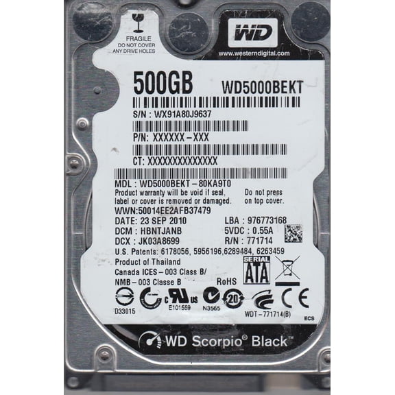 WD5000BEKT-80KA9T0, DCM HBNTJANB, Western Digital 500GB SATA 2.5 Hard Drive