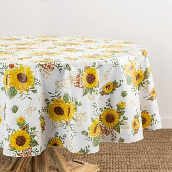 Yerwa Home Fashions Sunflower Season Vintage Floral Water- and Stain-Resistant Vinyl Tablecloth with Flannel Backing, 60 Inches X 60 Inches, Round