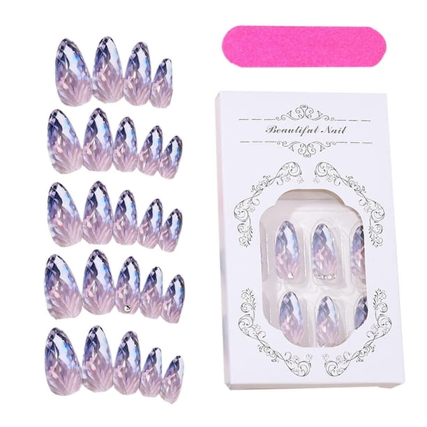 Uñas postizas de presión, kit de 24 piezas con forma de almendra brillante y purpurina para mujeres y niñas.