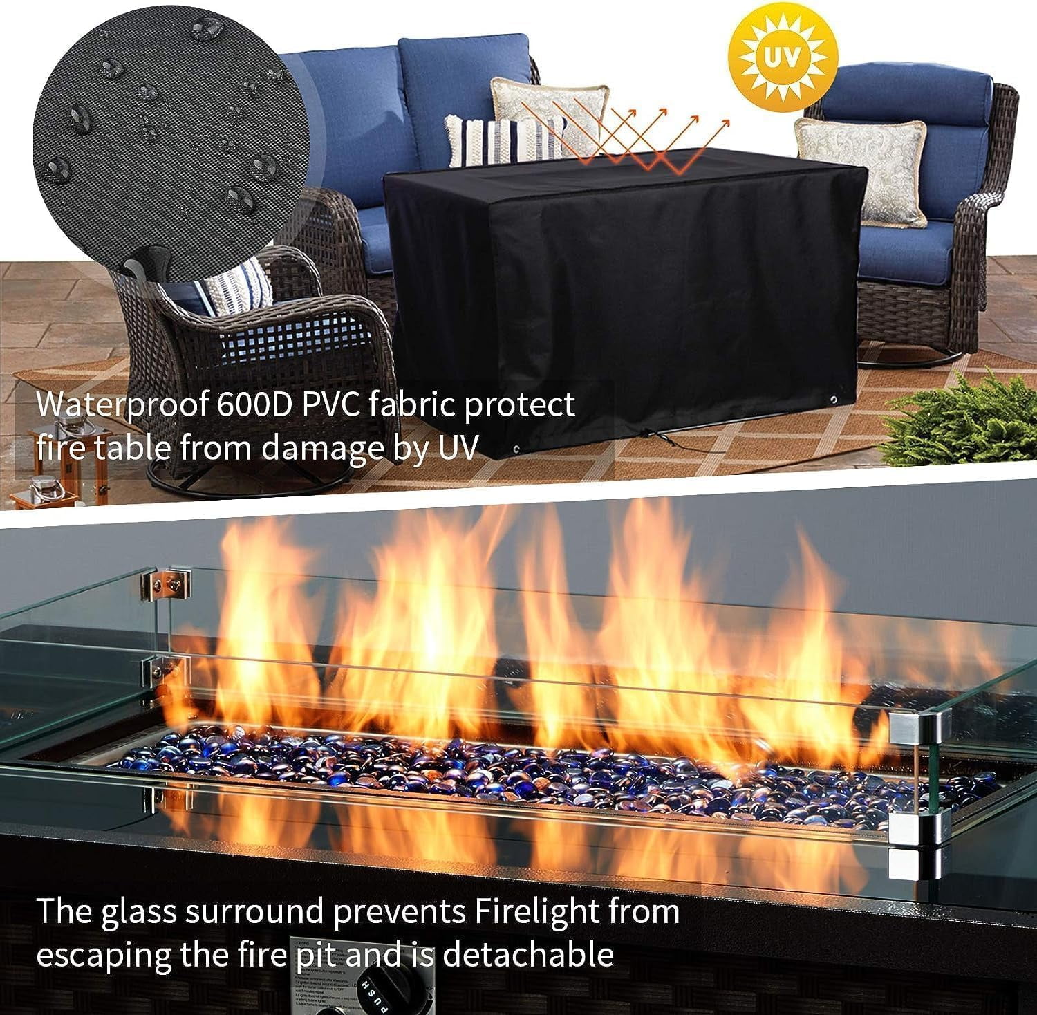 Homrest 44in Outdoor Propane Gas Fire Pit Table, 50,000 BTU with Glass Wind Guard, Brown PE Rattan