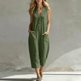 thumbnail image 3 of WULMLEO Womens Cotton Jumpsuits Sleeveless Casual Wide Leg Capri Rompers Baggy Button Down V Neck Summer Overalls Pockets Green 2XL, 3 of 7
